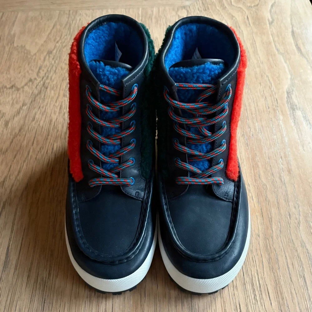 $298 NWOB TORY SPORT Leather/Shearling Winter Ankle Boots Navy Conifer‎ Red SZ 6